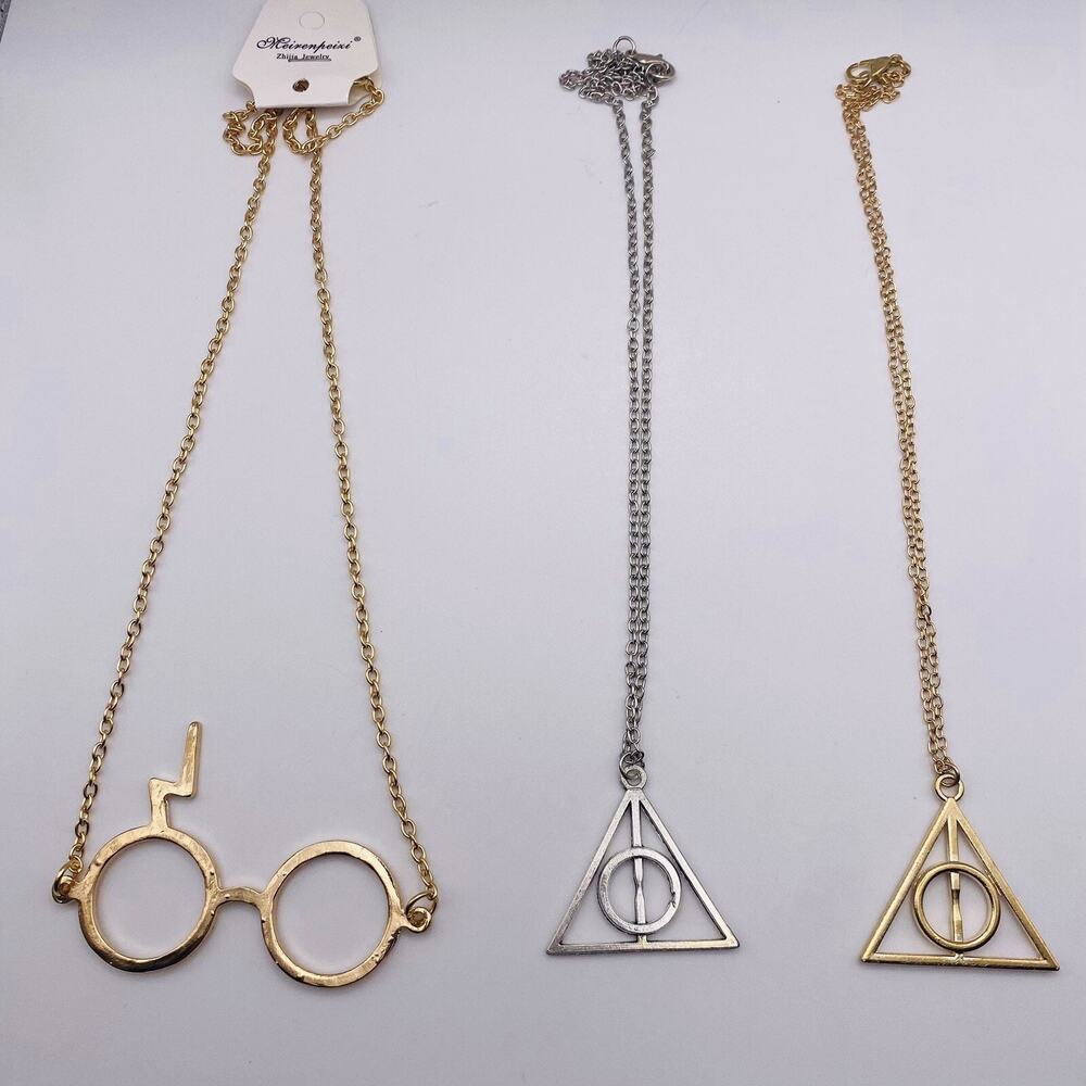 3 Harry Potter Deathly Hallows Charms & Geek Glasses Gold Tone Necklace‎ Pendant
